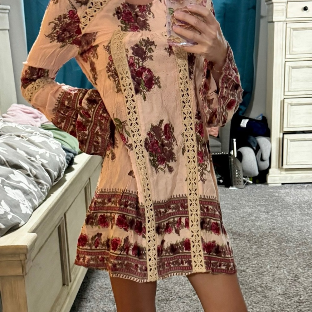 En Creme Pink Sundress with Bell Sleeves and Crochet details